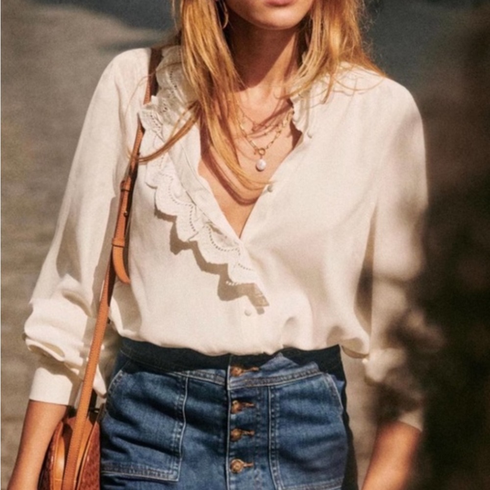 Sezane Cream Ruffle-Trim V-Neck Blouse